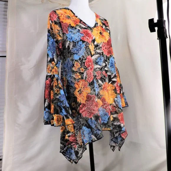NWOT Dor Dor Couture Bursting Colors Huge Bell Cuffs w Flaring Skirt Tunic Top S - Picture 3 of 16